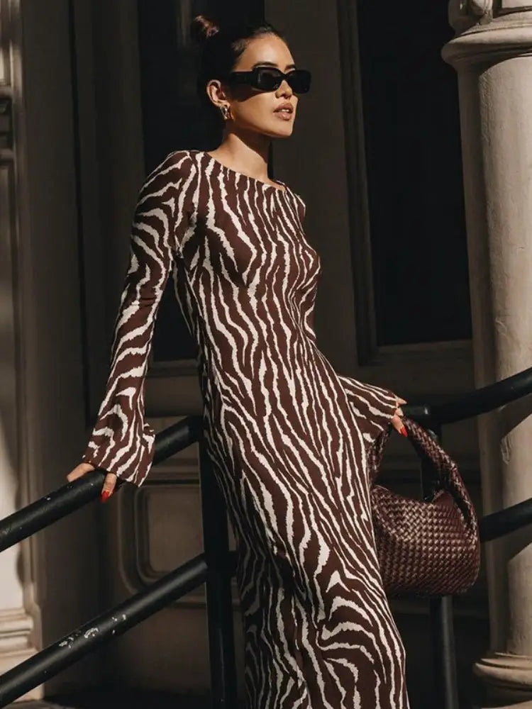 -Floral Zebra Print Long Sleeve Maxi Dress