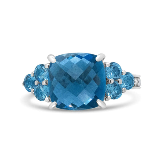 -18K White Gold 10mm Cushion Shaped Blue Topaz and 1/6 Cttw Diamond 3 Stone Style Ring (F-G Color, VS1-VS2 Clarity)