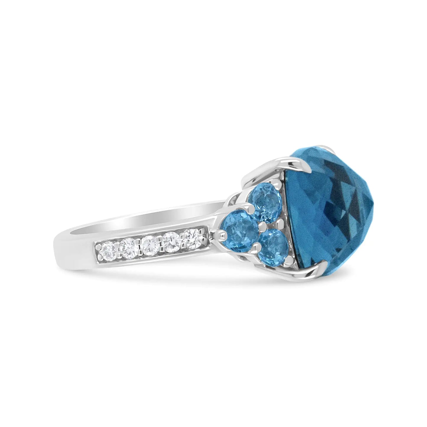 -18K White Gold 10mm Cushion Shaped Blue Topaz and 1/6 Cttw Diamond 3 Stone Style Ring (F-G Color, VS1-VS2 Clarity)