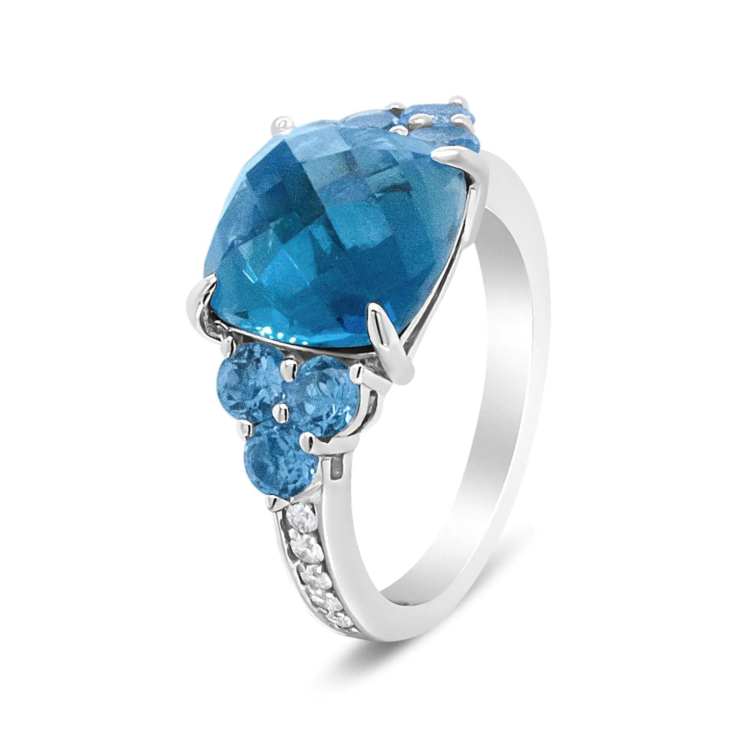 -18K White Gold 10mm Cushion Shaped Blue Topaz and 1/6 Cttw Diamond 3 Stone Style Ring (F-G Color, VS1-VS2 Clarity)