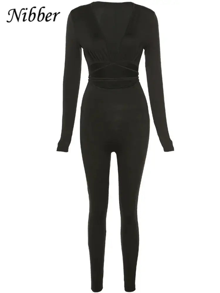 Nibber V-Neck Long Sleeve Bodycon Jumpsuit