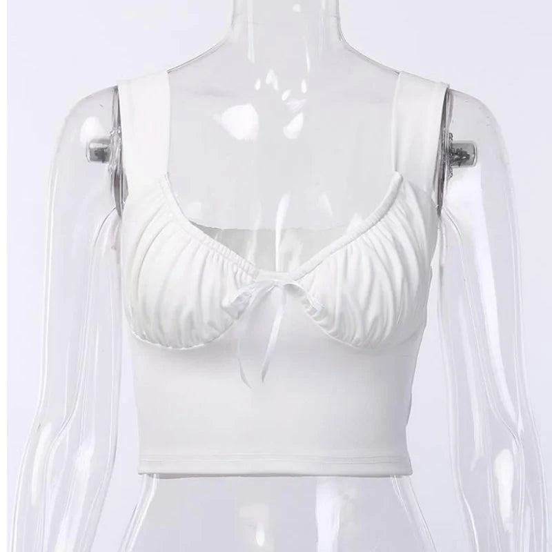 Summer Milkmaid Crop Tops for Women - White Ruched Bow Camis.