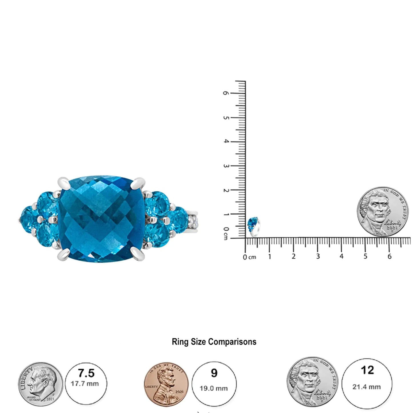 -18K White Gold 10mm Cushion Shaped Blue Topaz and 1/6 Cttw Diamond 3 Stone Style Ring (F-G Color, VS1-VS2 Clarity)