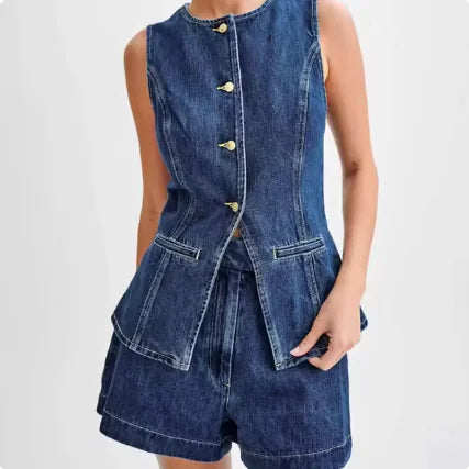 -Women's Sleeveless Denim Two-Piece Set