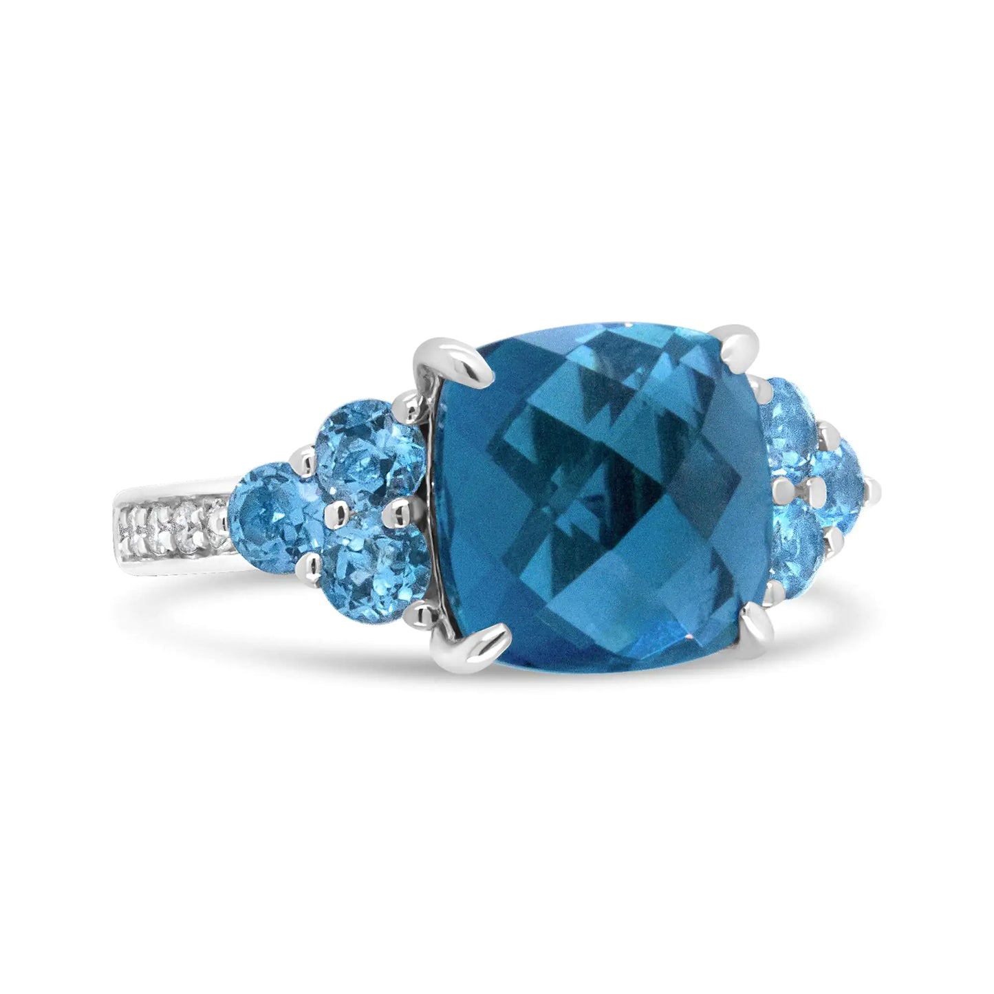 -18K White Gold 10mm Cushion Shaped Blue Topaz and 1/6 Cttw Diamond 3 Stone Style Ring (F-G Color, VS1-VS2 Clarity)