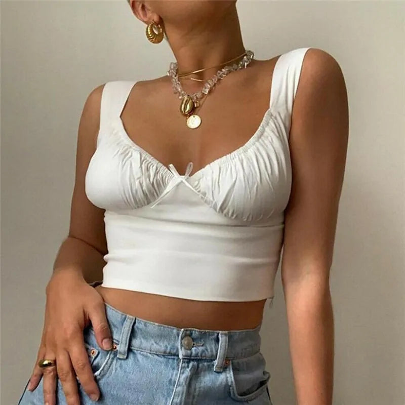 Summer Milkmaid Crop Tops for Women - White Ruched Bow Camis.